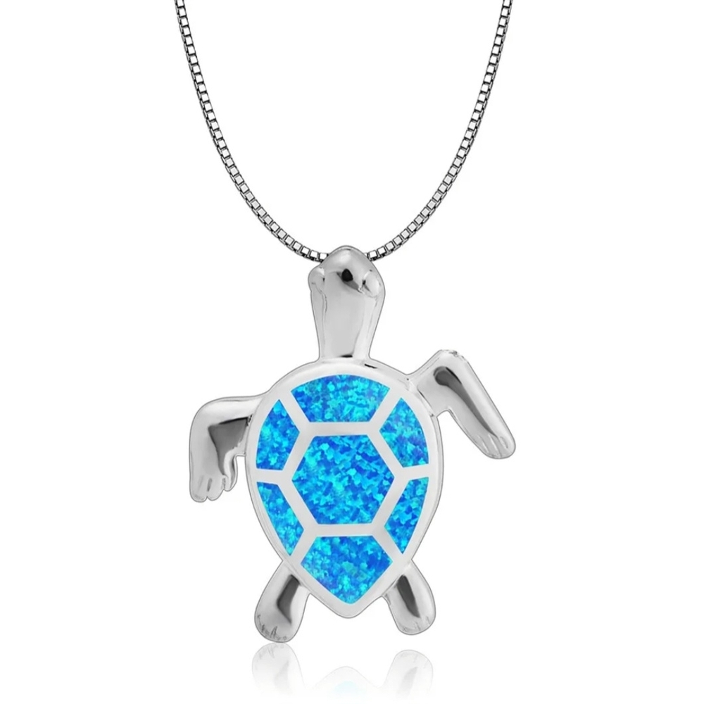 Blue Opal Turtle Pendant Necklace 925 Silver - Picture 12 of 16